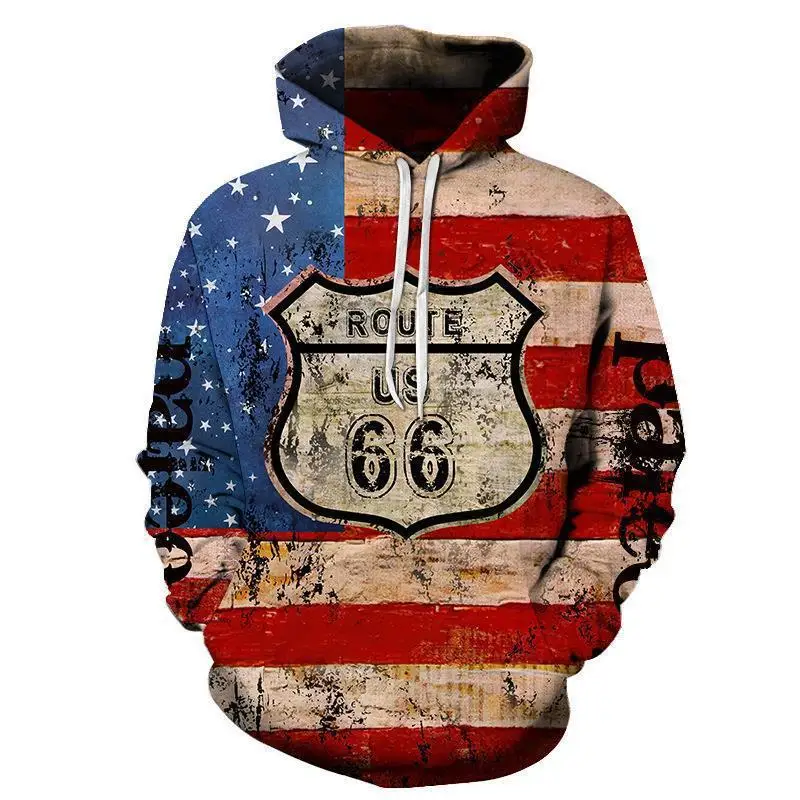 Vintage Men's Hoodie Route 66 Print Sweatshirts Harajuku Hooded Shirt Pullover Casual Y2k Clothes Streetwear Top Men's Clothing