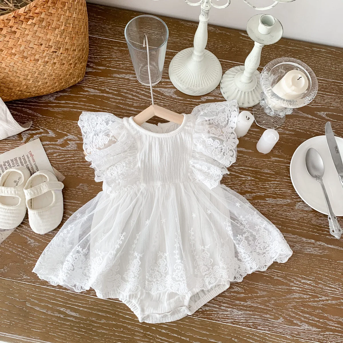 Baby Girls Baptism Clothes Cake Smash Outfits White Lace Muslin Cotton Jumpsuit