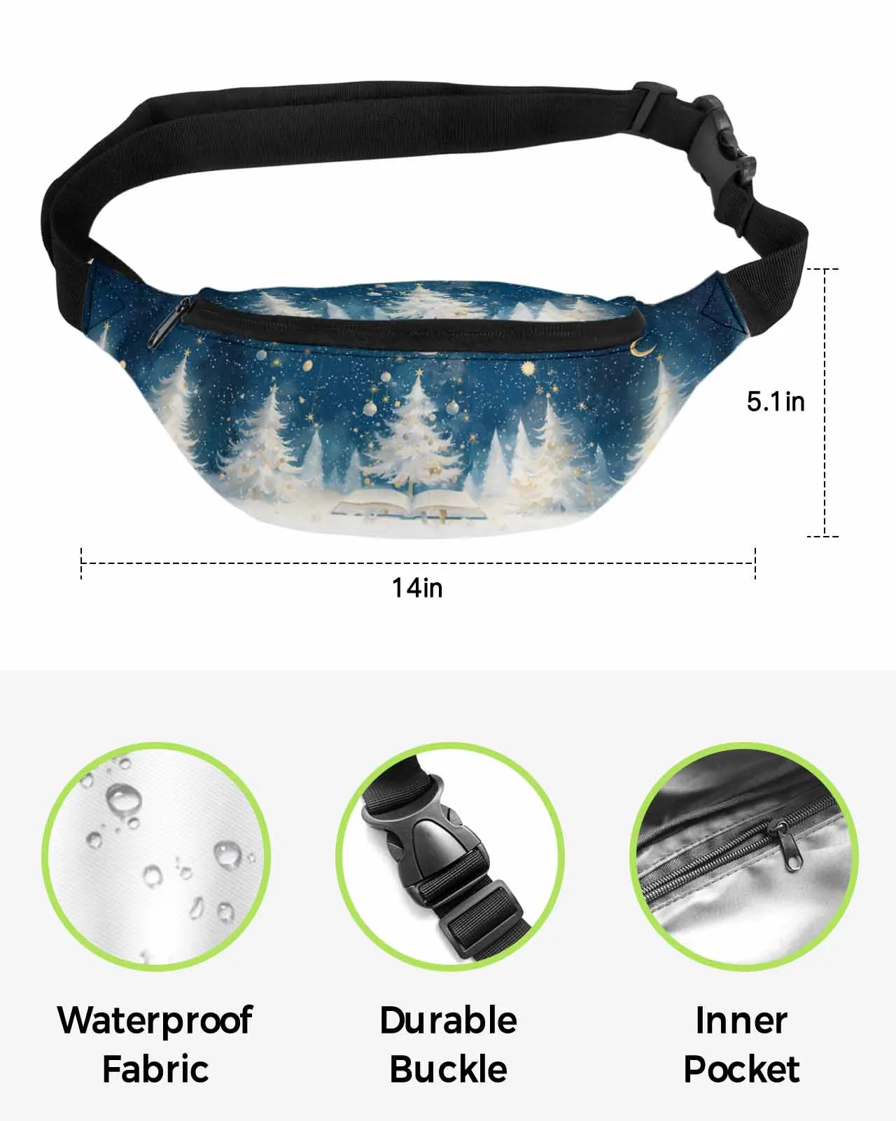 Albero di natale stelle luna libri fiocchi di neve uomo donna marsupio marsupio marsupio portafoglio borsa impermeabile Banana Hip Bags