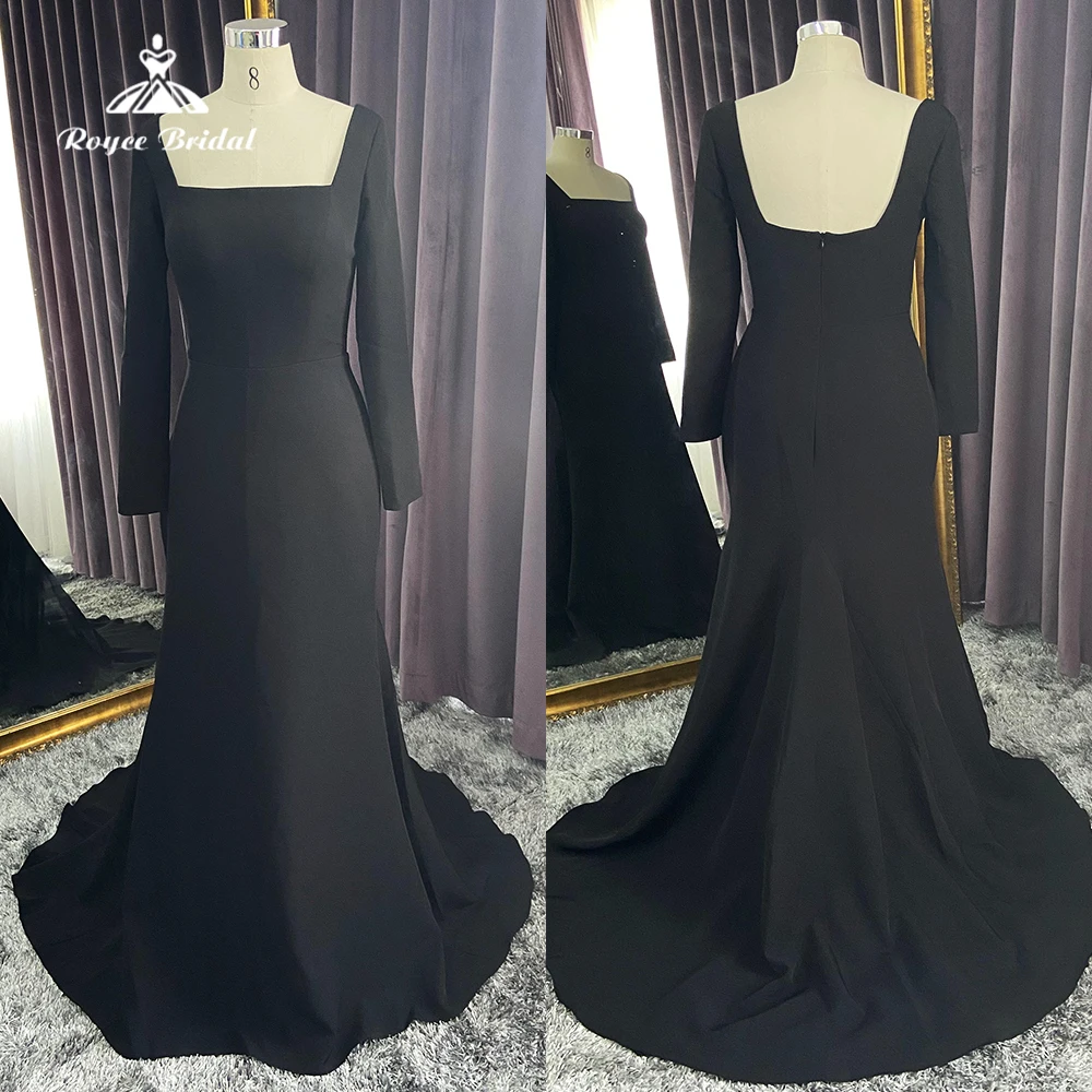 

Simple Square Collar Full Cap Sleeve Satin Black Mermaid Wedding Dresses Sexy Backless Bridal Gowns Sweep Robe De Mariée Vestido