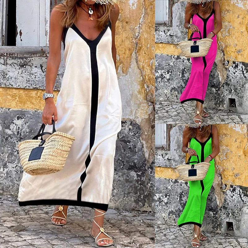 

New Summer Holiday Style Beach Long Dress For Women 2024 Sexy V Neck Sleeveless Spaghetti Strap Loose Sundress Female Vestidos