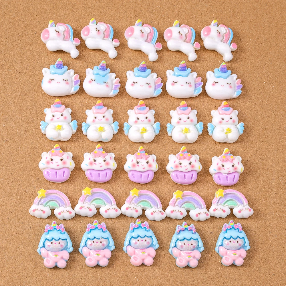 15pcs Mix Cute Rainbow Unicorn Flatback Resin Cabochon Scrapbooking for Girls DIY Hairpin Headband Embellishments Birthday Gifts
