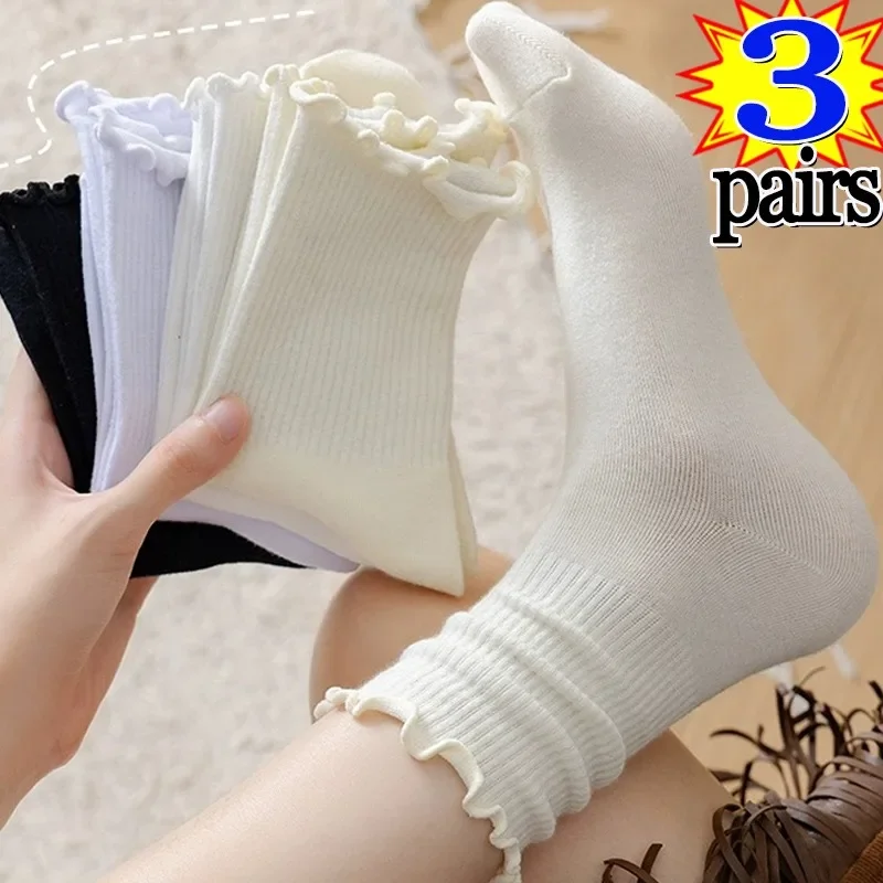 1/2/3pairs Cotton Ruffles Ankle Socks Women Lolita Cute Kawaii Korean Stocking Girl Spring Black White Middle Tube Japanese Sox