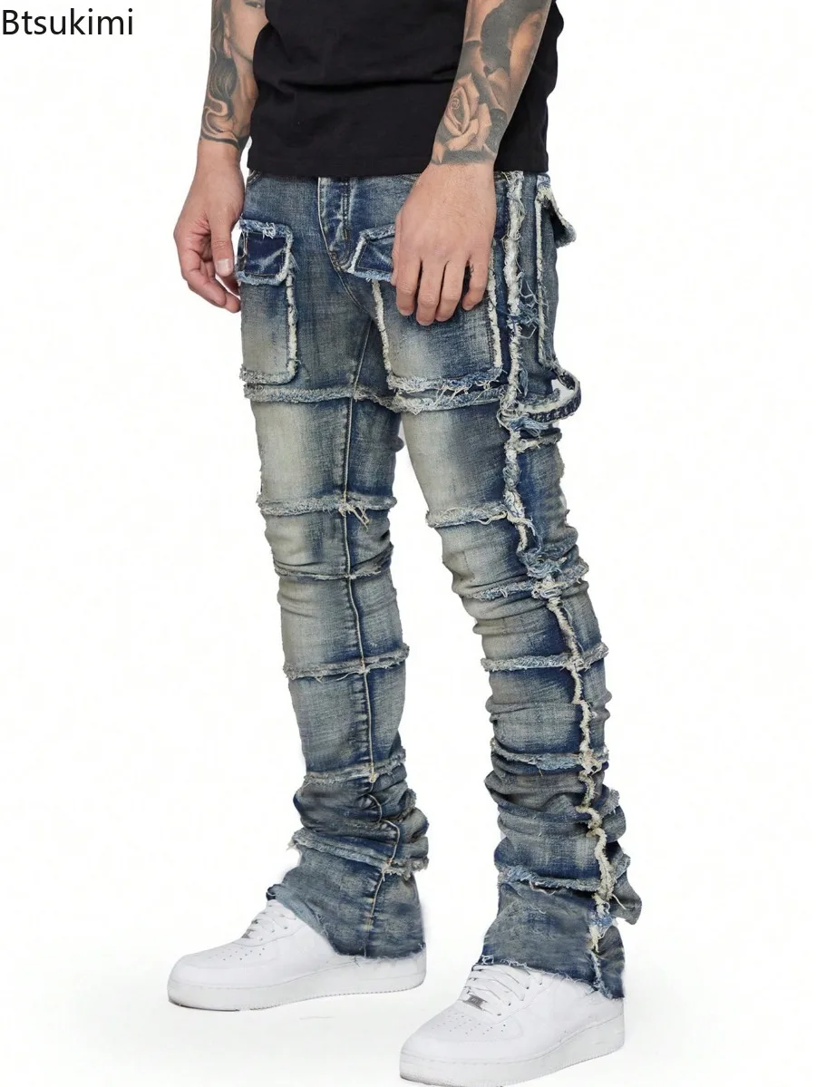 New Men's Retro Cargo Jeans Pants Stretchy Ripped Washed Cotton Y2k Pants Fashion Patchwork Straight Leg Denim Trousers for Men