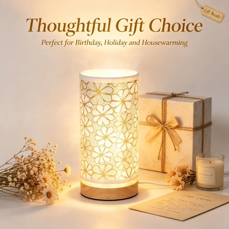 Vintage Warm Glow Table Lamp, Golden Floral Fabric Shade USB Night Light, Decorative Desk Lamp for Bedroom, Living Room & Guest