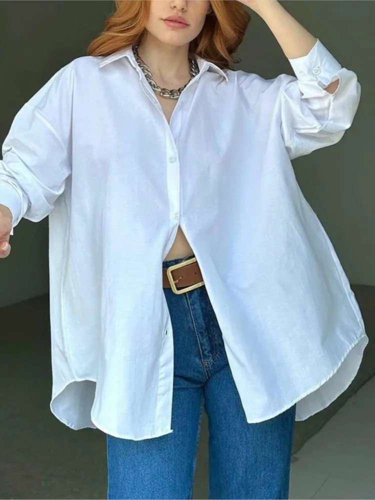 Spring Autumn Women\'s With Back Split Asymmetry Loose Shirt Tops 2024 Office Lady Casual Button Blouses Woman Long Sleeve Top