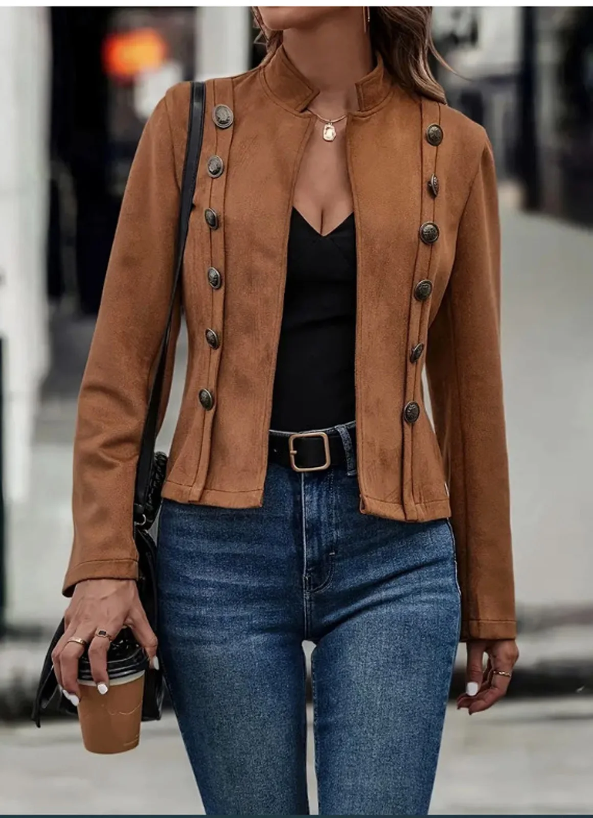Women Stand Collar Double Breasted Short Suit Jacket Coat Long Sleeve Solid Color Business Casual Faux Suede Outerwear
