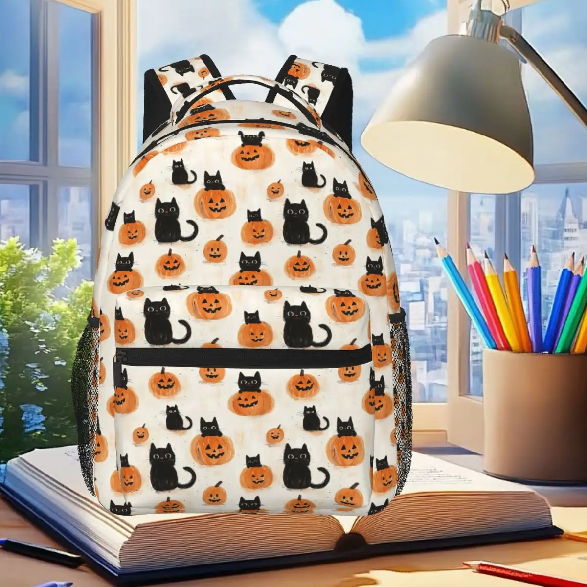 

Cute Kitten And Pumpkin Lantern Backpack Student Boys Girls BookBag Children School Bag Computer Shoulder Bags for Men Women