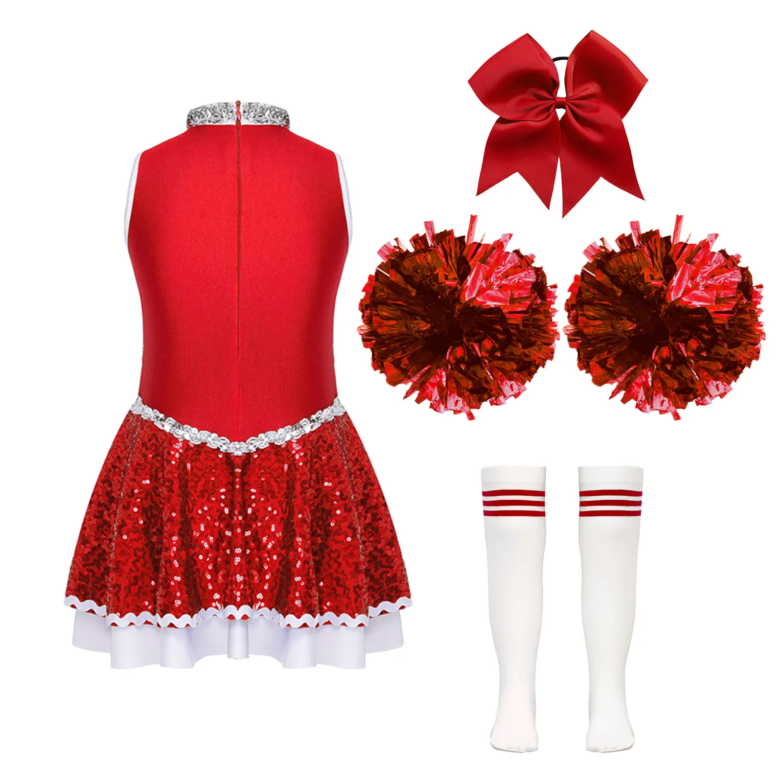 Girls Cheerleading Uniform Outfit Sequin Cheer Dress And Headwear Hand Flowers Socks Suit School Cheerleader Performance Costume
