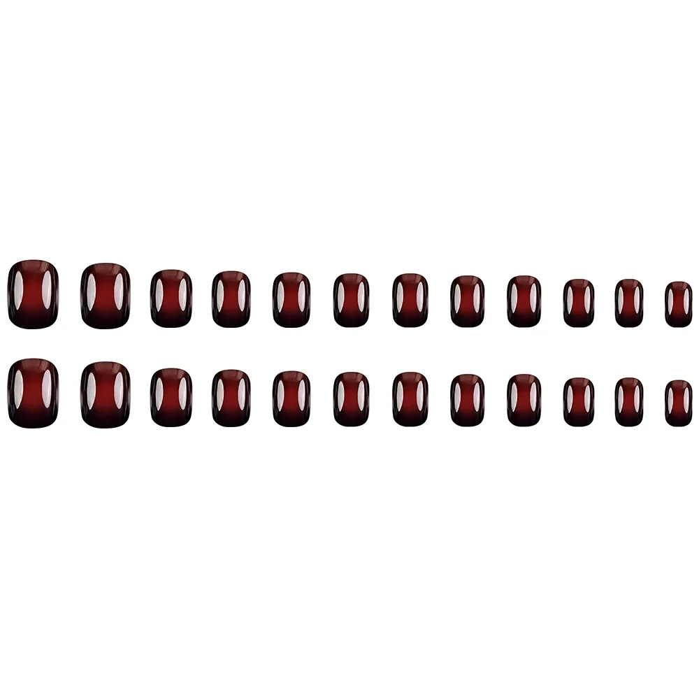 24pcs Solid Cherry Red-Brown Gradient Press-On Nails, Unique Short Round Shape, Assorted Sizes Fake Nail For Women