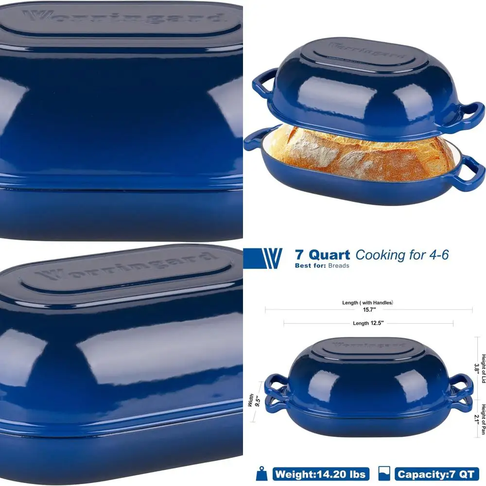 

Blue 7-Quart Enamel Cast Iron Sourdough Dutch Oven with Lid for Homemade Bread and Meatloaf Baking