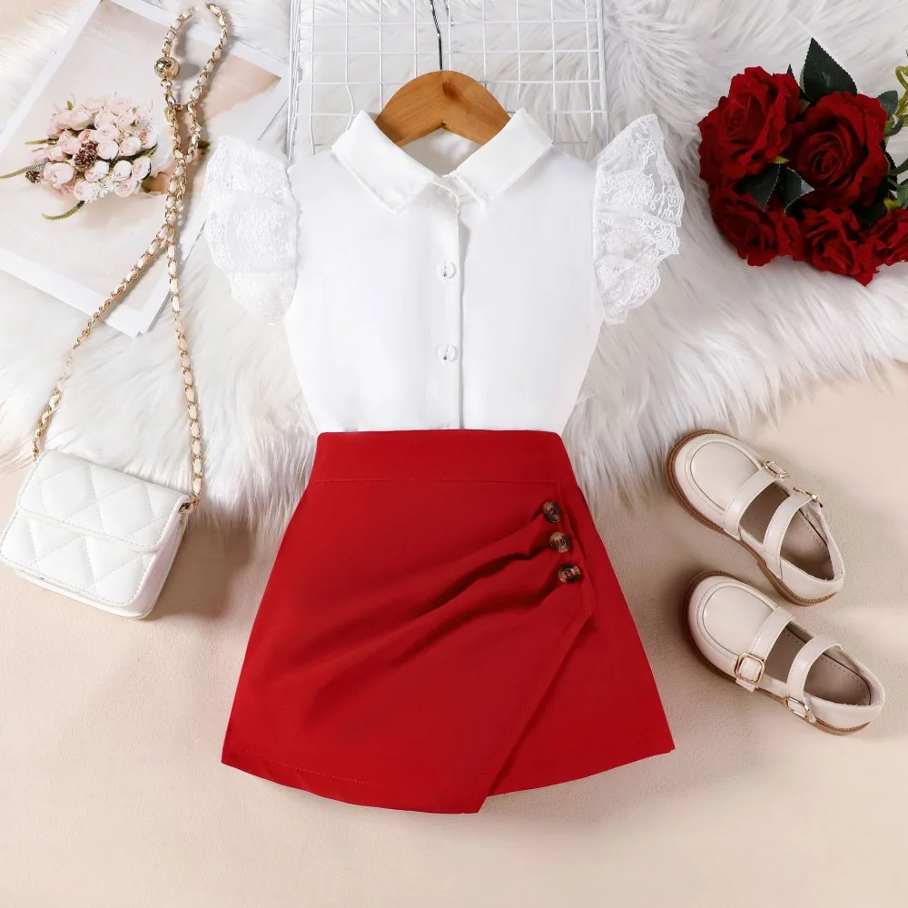 2026 Summer Arrival  Girls 2Pcs Set Collared Lace Ruffled Sleeve Blouse + Asymmetrical Skort Kids Casual Party Outfit 2-12Y