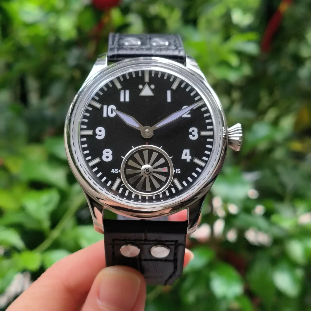 none logo 44mm Mechanical Hand Wind Watch Black dial Turbine shape Second hand dome protrude spherical glass ST3621 movement