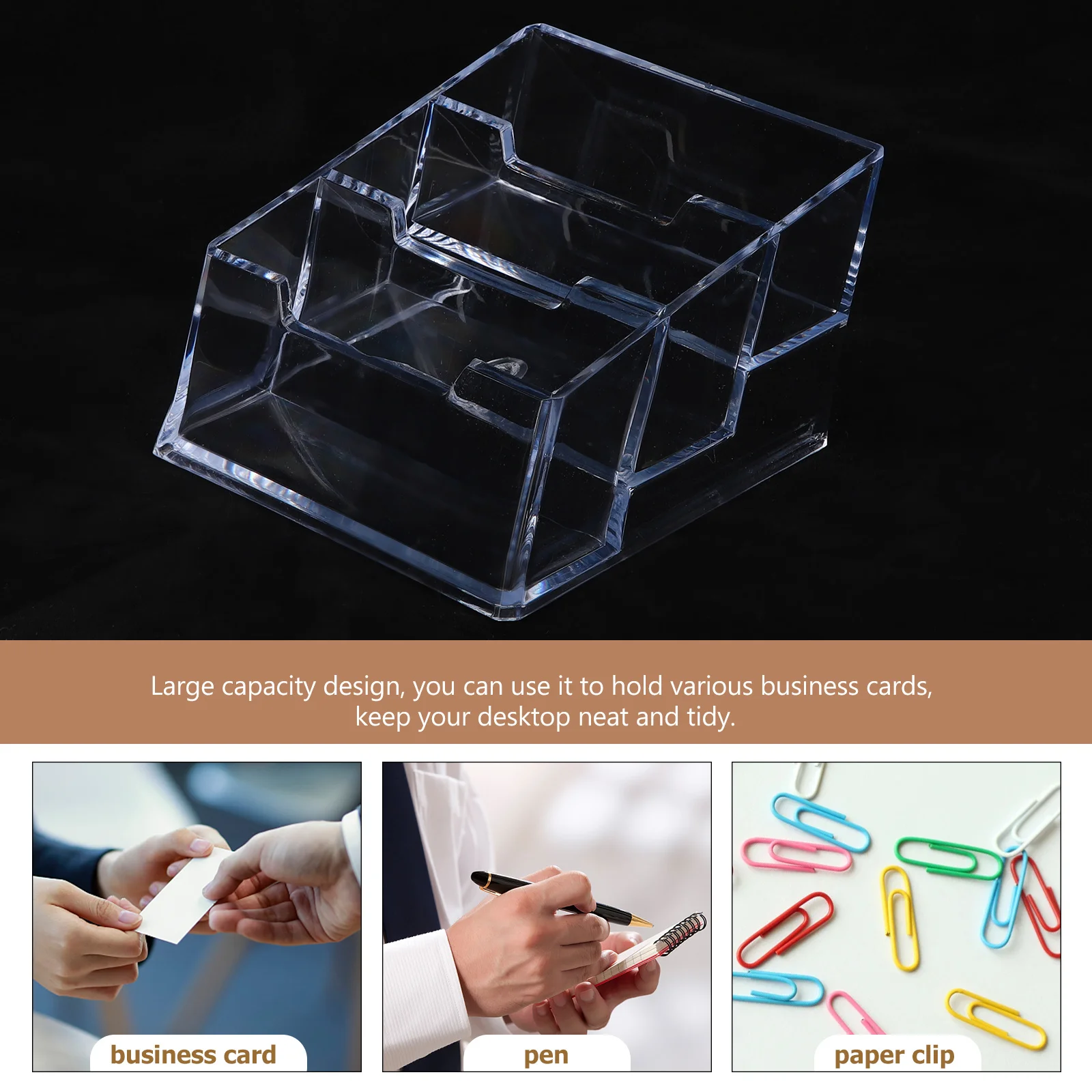 Soporte de acrílico para tarjetas de visita, organizador de escritorio transparente, pantalla de alta capacidad con 3 ranuras, adecuado para uso al por menor en la oficina, 2 uds.
