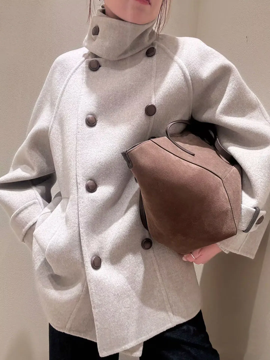 2025 New Winter Cashmere Wool Woolen Overcoat Women Turtleneck Double Breasted Loose A-line Long Sleeve Elegant Fashion Coat