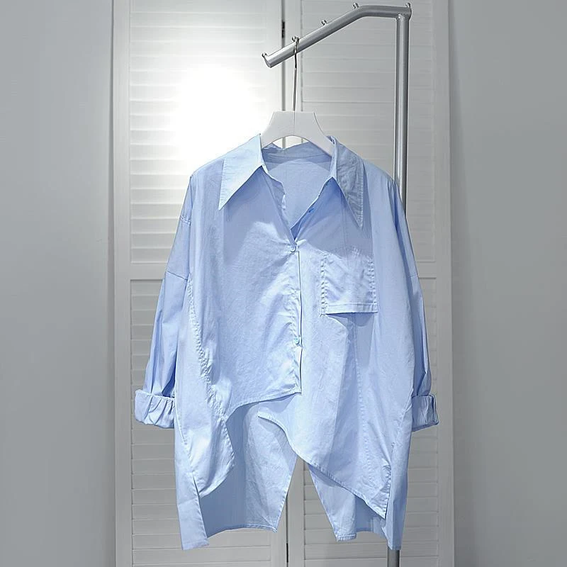 

Asymmetrical White Women Shirts Summer New Design 2022 Turn-Down Collar Loose Pocket Elegant Office Lady Outwear Tops