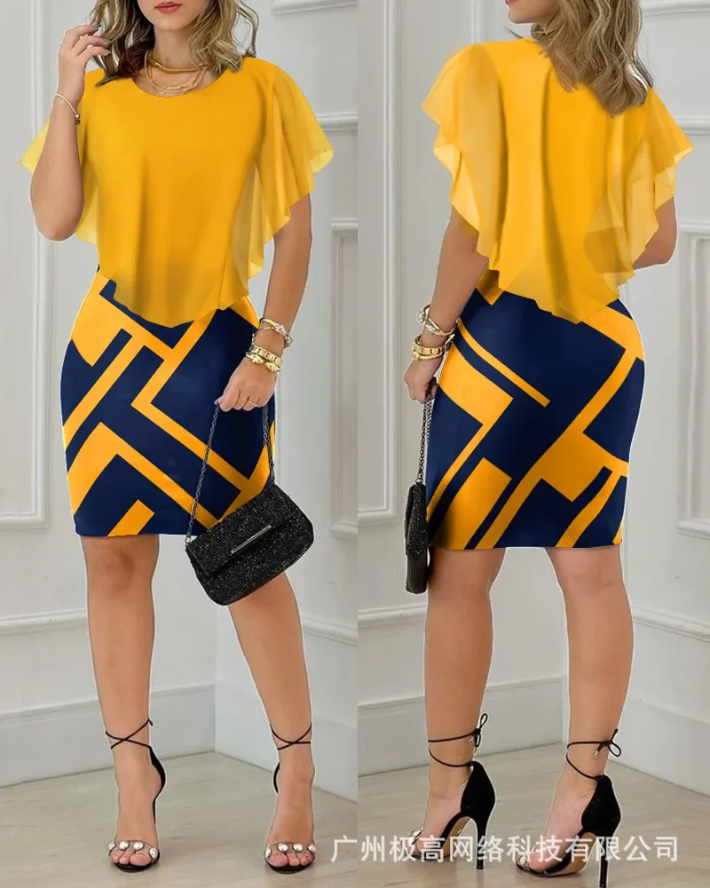 

Short Sleeve Elegant Dresses for Women Geometric Print Ruffle Hem Bodycon Skinny Mini Dress New Fashion 2023 Summer Casual