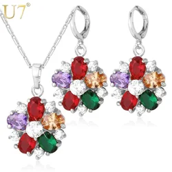 U7 Colorful Mix Flower Crystal Earring Necklace Set for Woman Wine Red Green Purple Champagne White CZ Luxury Jewelry Set QC24