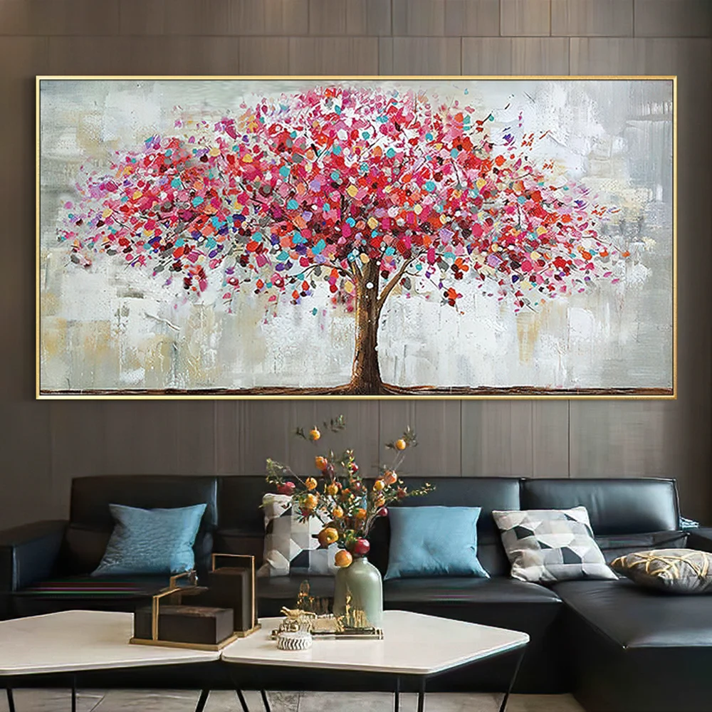 Mintura,Handpainted Texture Red Tree Oil Painting on Canva Large Flower Poster Modren Home Decoration Abstrect Wall Art Pictures