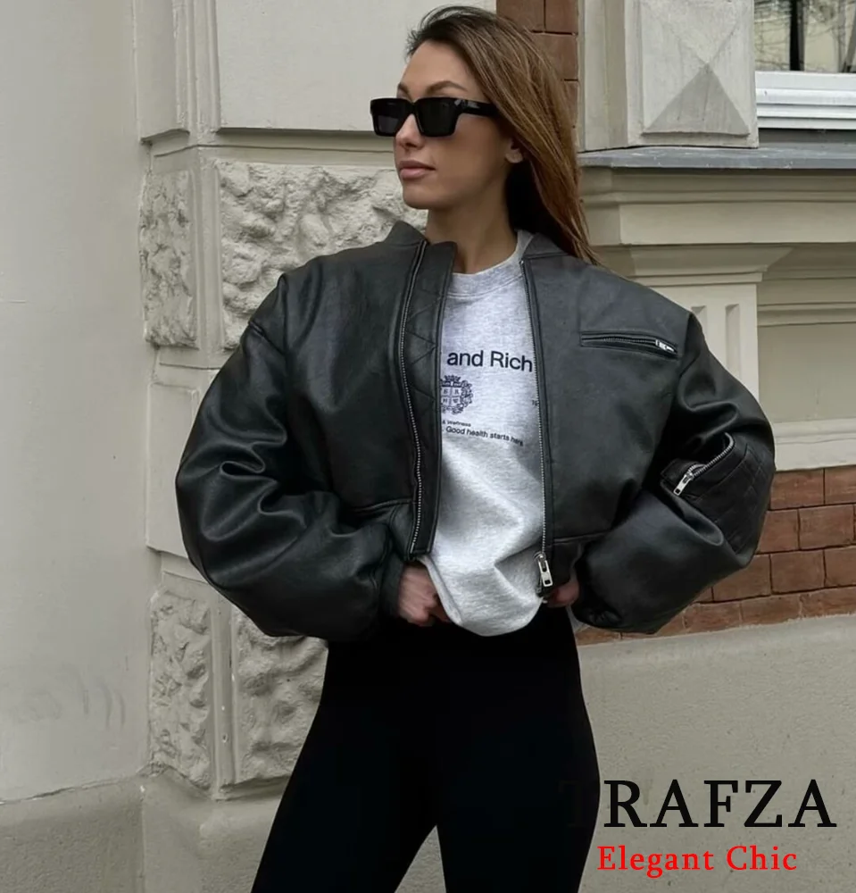 TRAFZA-Women Fashion PU Leather Jacket Zipper Pocket O-Neck Padding Jacket New 2024 Fall Winter Vintage Motor Loose Jackets