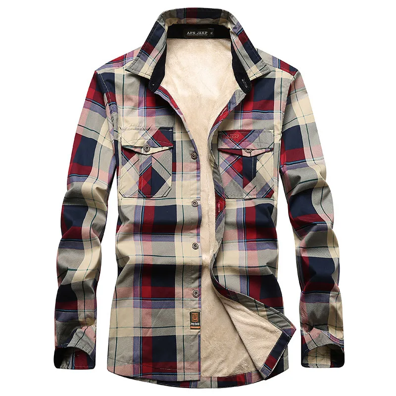 Autumn and winter men's plaid long-sleeved shirt plus velvet padded warm shirt plus size shirt