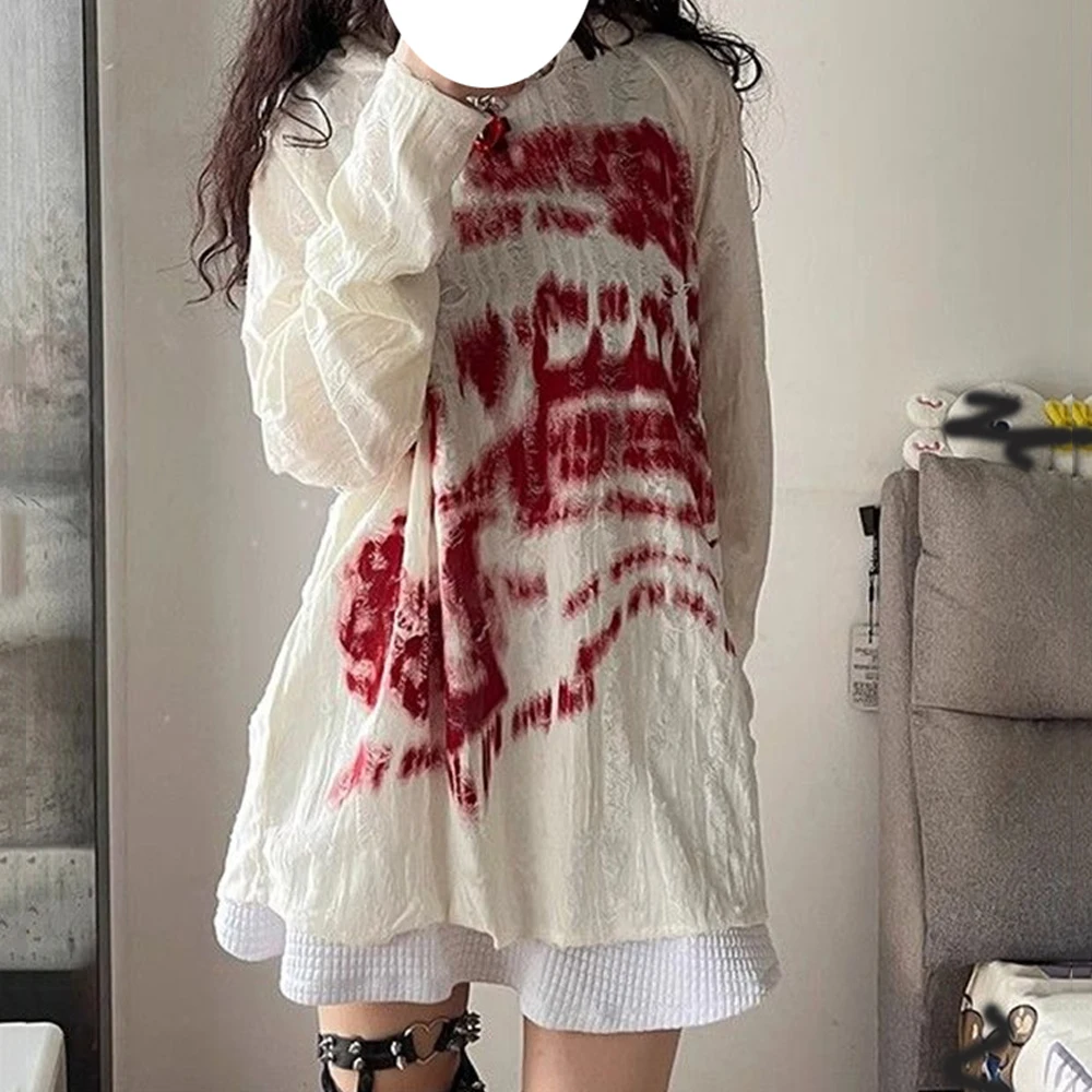 

Harajuku Printed Pearl Button Hoodies Thin Autumn Women Clothing Loose Ft Stitch Kpop Aesthetic Punk Rock Tops Sweatshirt Female
