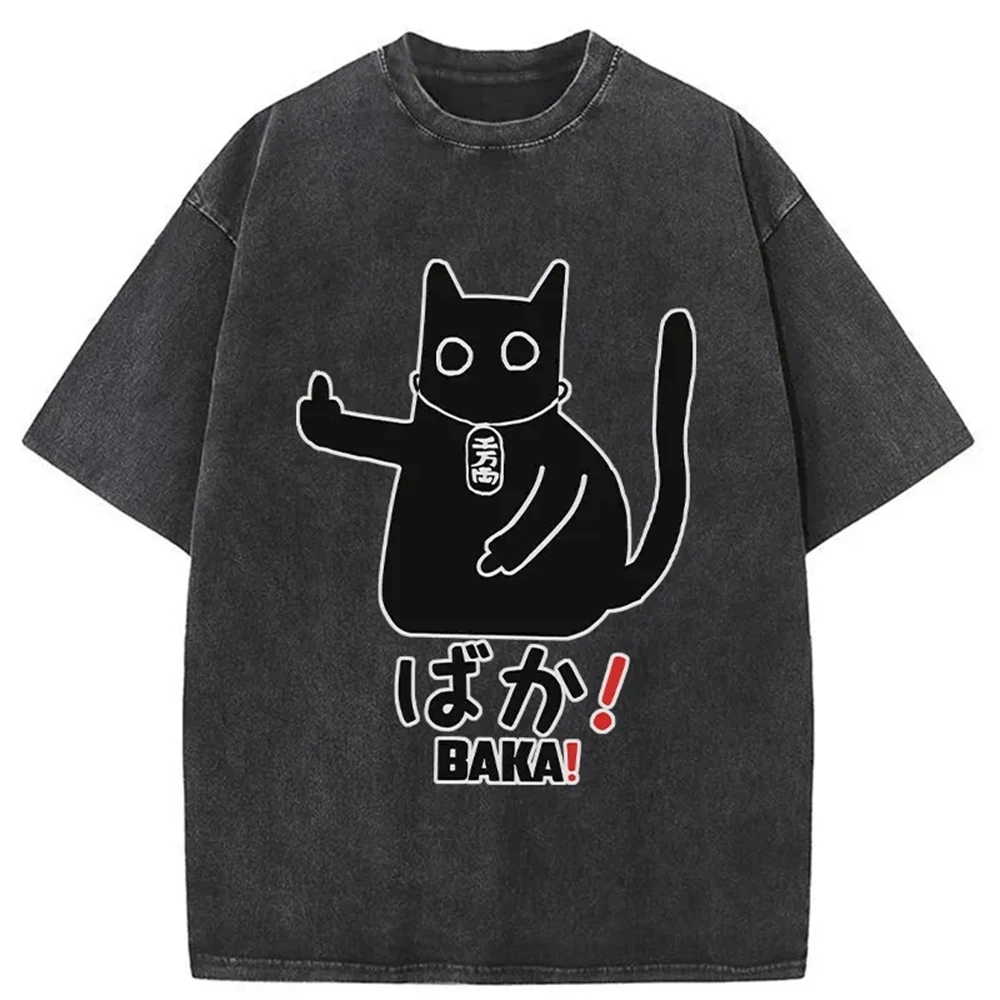 SOVOB Japanische Baka Cat Washed Herrenbekleidung Luxus Marken Haikyuu Kurzarm Rundhals Druck Pullover T-Shirt 25477
