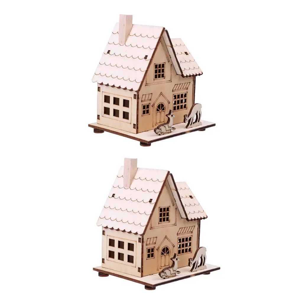 

2 Pcs Decorate Wooden Luminous Cabin Ornaments Christmas Decors Centerpiece Xmas