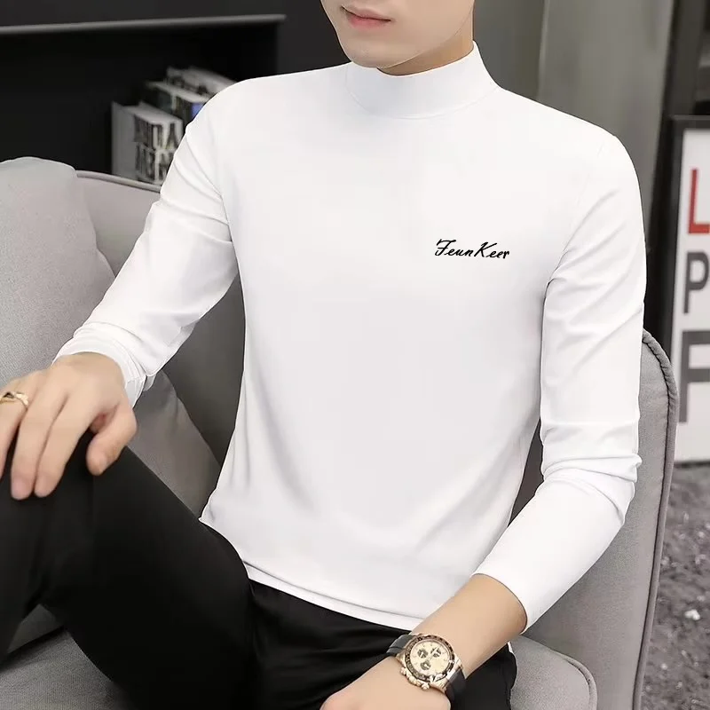Gray Modal Long Sleeve T-Shirt Men's Mid-Neck Inner Wear Base Shirt Trendy Fashion Autumn Youth Populi Printed Antibacterial
