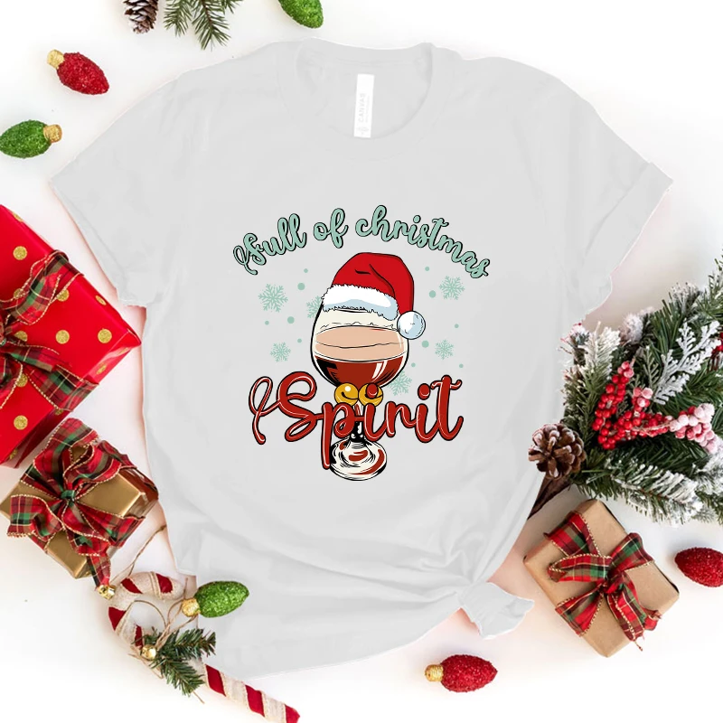 

Hot Sales Christmas Wine Glass Full Of Christmas Spirit T Shirts Women Men Summer Cool Short Sleeves Personality Harajuku T-Shir