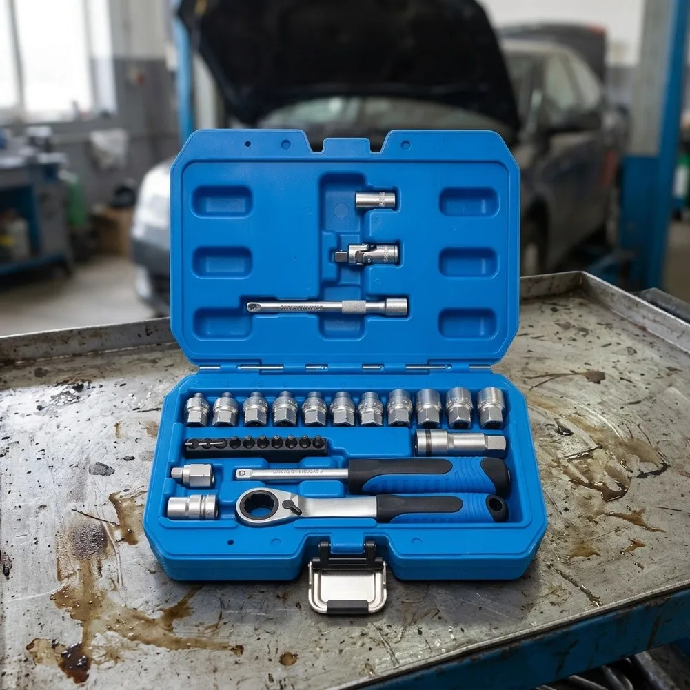 29 Piece Socket Wrench Kit Chrome Vanadium Steel Ratchet Handle 11 Sockets 4.5 to 13mm 10 Bits for Mechanical Workshop