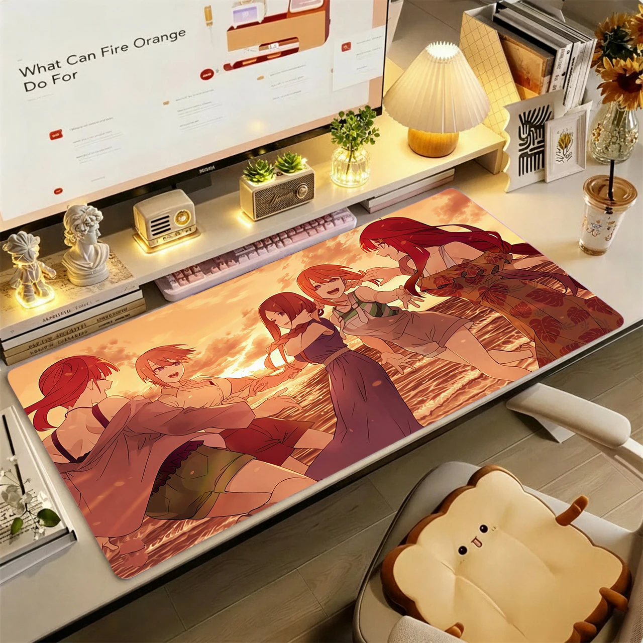 Gaming Mouse Pad, XXL Desk Mat, Anti-slip Base, Stitched Edges, Five Anime Girls Casual Homewear Sunset Gradient Print Table Mat