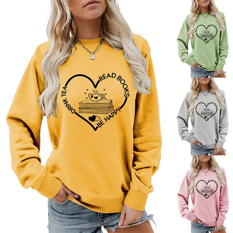 

Autumn women's hoodie DRINK TEA READ BOOKS printed hoodie loose round neck long sleeve pullover new women's hoodie