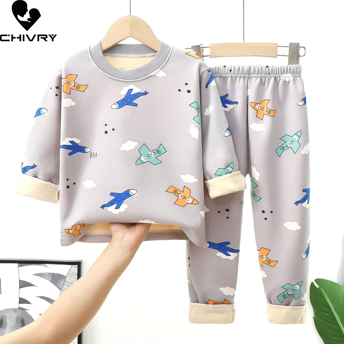 New Autumn Winter Kids Thick Warm Pajamas Baby Boys Girls Cartoon Long Sleeve Round Neck Pyjamas Toddler Sleepwear Clothing Sets