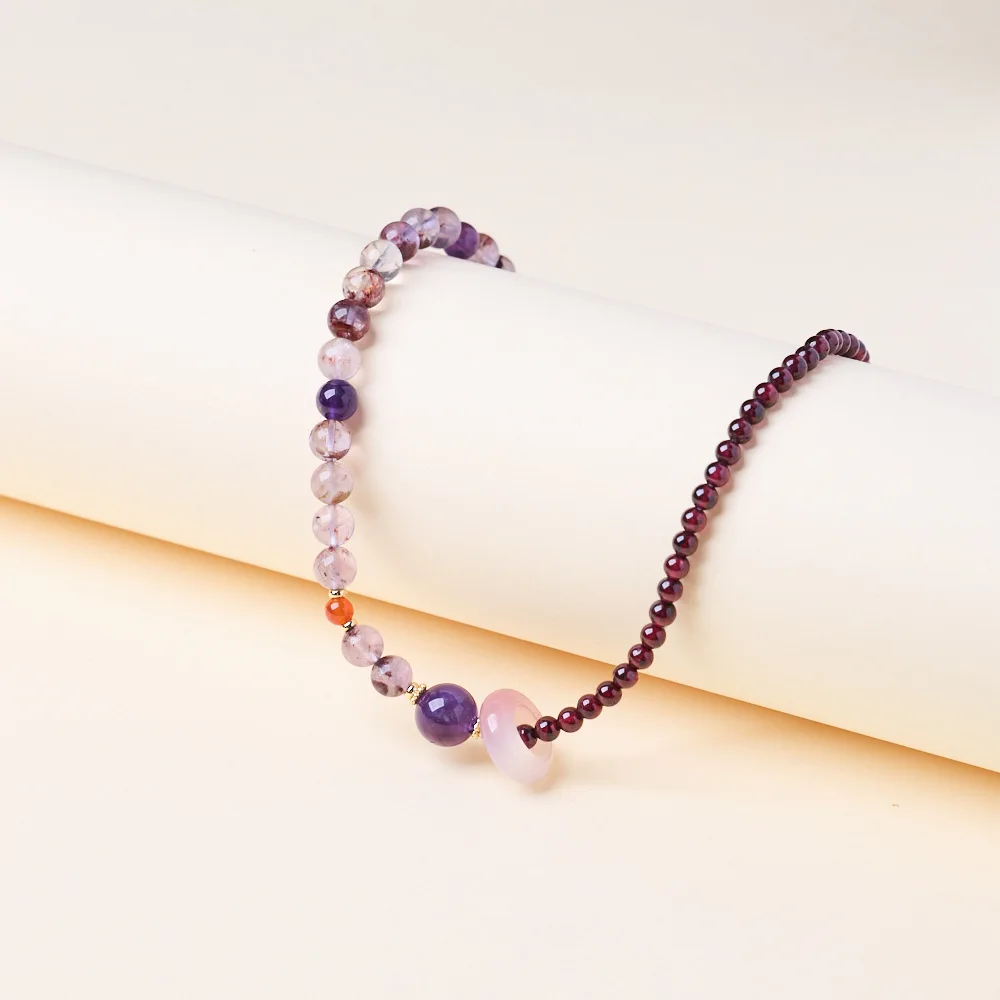 Natural Amethyst Double Layer Bracelet 6mm Purple Phantom 4mm Garnet Yanyuan Agate Ring Chinese Style Collectible Crystal Jewelr