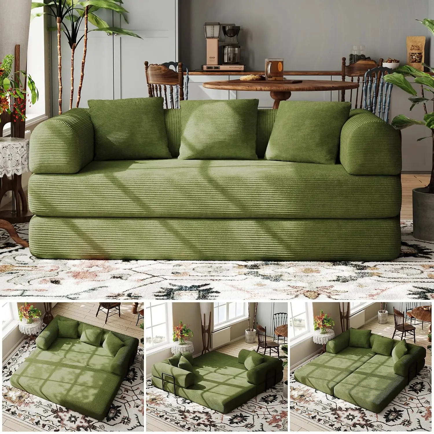 80” Convertible Sofa Bed, Corduroy Foldable Boneless Modular Sleeper Couch Bed, Folding Memory Foam Compressed Sofa, Customized