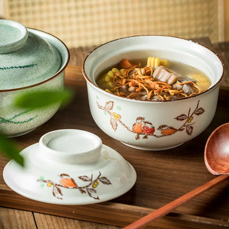 YWDL وعاء رامين فوري ياباني مع غطاء سيراميك عتيق سعة كبيرة أطباق شوربة سلطة المعكرونة أدوات مائدة المطبخ المنزلية