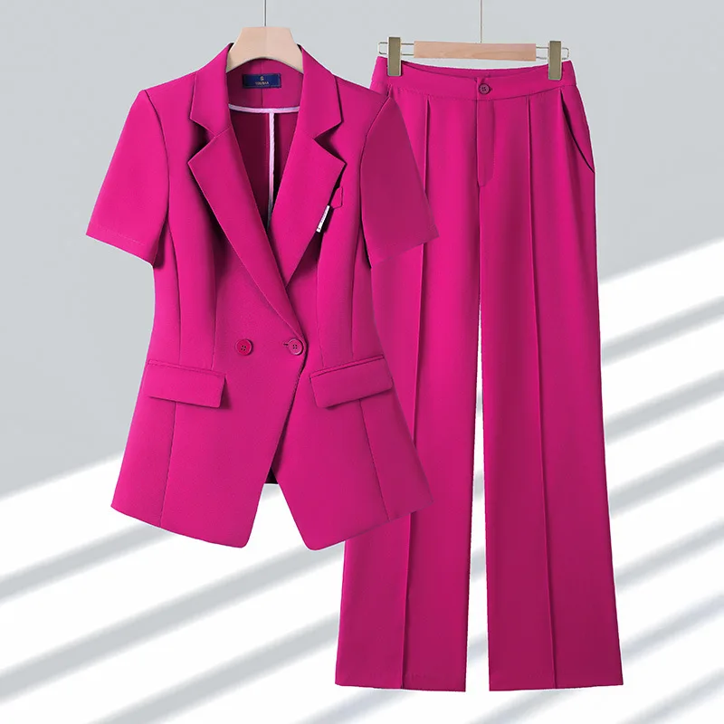 Fuchsia Women\'s Suit Sets Summer Thin Short Sleeve Jacket Formal Work Pantsuit 2 Piece Office Outfits 2024 ensembles pantalons