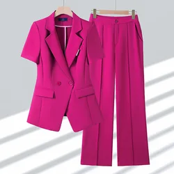 Fuchsia Women's Suit Sets Summer Thin Short Sleeve Jacket Formal Work Pantsuit 2 Piece Office Outfits 2024 ensembles pantalons