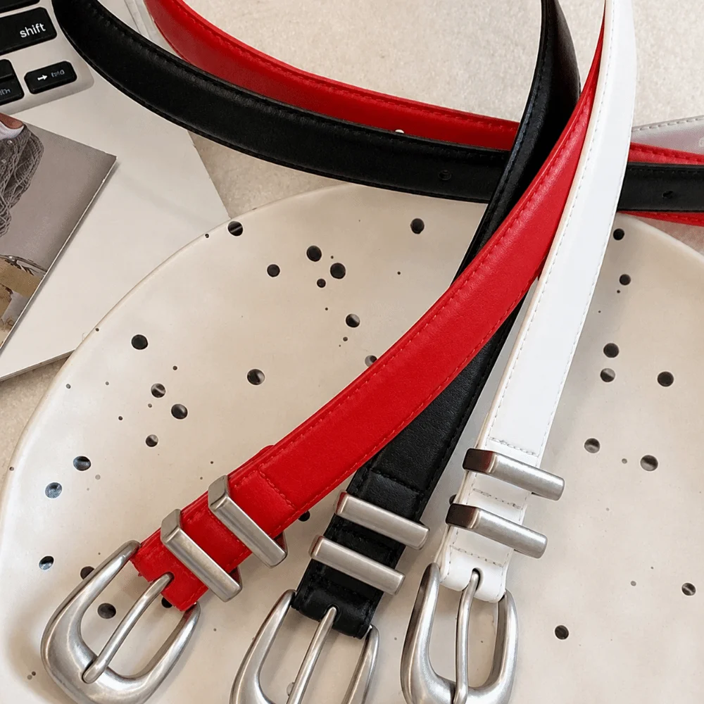 

Street Style Leather Waist Belt Red Color Metal Buckle Women's Belt Thin Casual Belt Jeans Skirt Dress