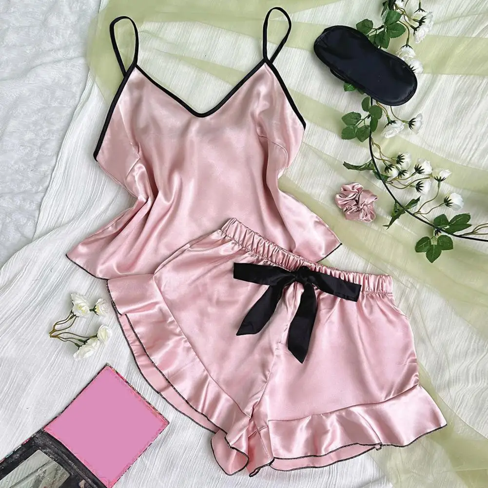 2 Pcs/Set Women Pajamas Set Satin Spaghetti Strap Sleeveless Top Ruffle Pleated Bow Decor Shorts Set Homewear Sleepwear Clothes