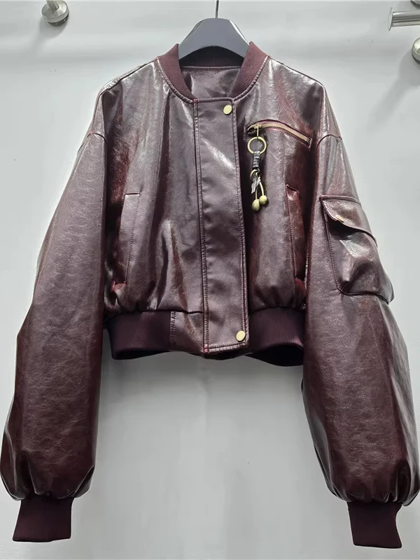 Retro americano sle ort couro jaet outerwear feminino gola zíper ket decoração casaco de couro do plutônio quente menina vento