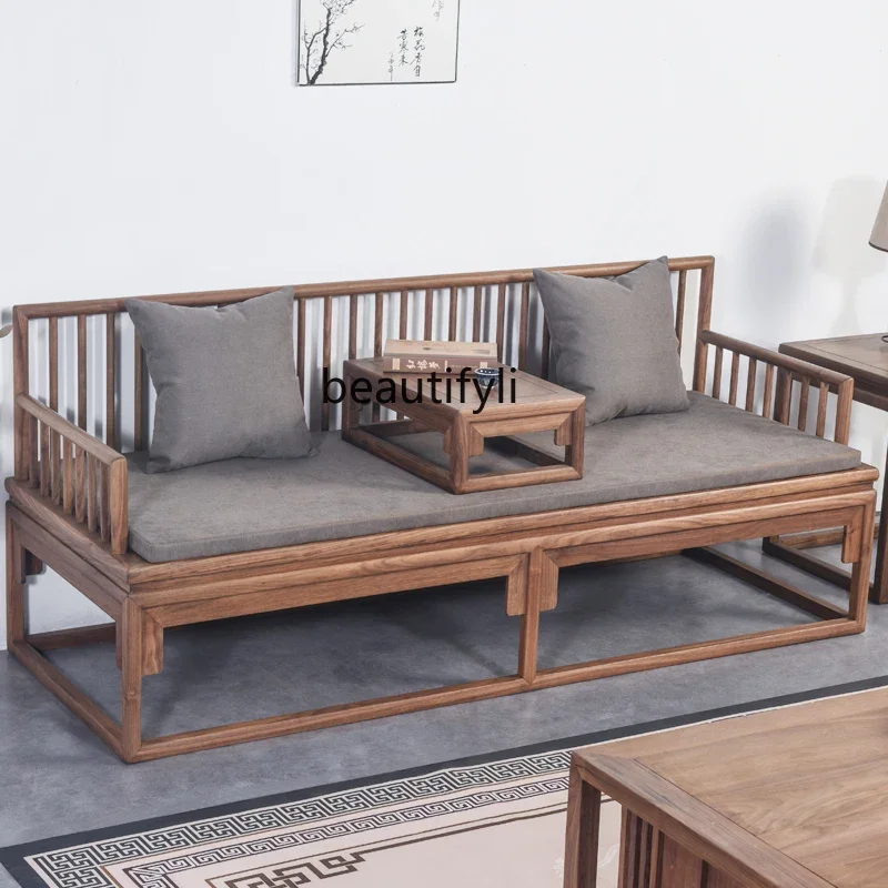 Black walnut Arhat bed sofa new Chinese solid wood old elm Zen homestay living room furniture