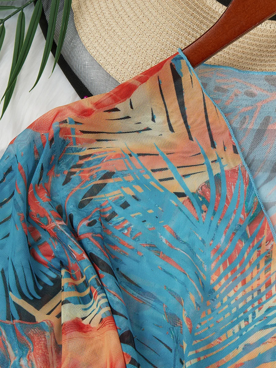 2024 Large Plus Size Print Beach Cover Up Short Sleeve One Piece Kimono Women Swimwear Female Bathing Suit Beachwear Swimming