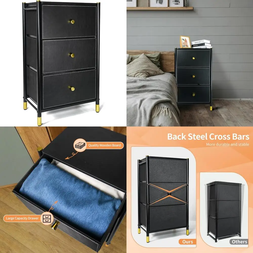 

Тумбочка для хранения в спальне с 3 тканевыми ящиками, деревянной столешницей, панелями из искусственной кожи и прочным стальным каркасом для экономии места