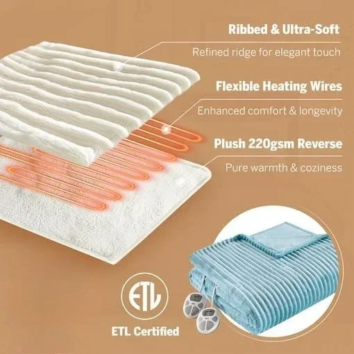 

Eco-Friendly Electric Blanket, Soft, Ribbed, Plush Heating Blanket King for Office, Couch, 1-12 hr Auto Shut Off Timer, 10 Lv He