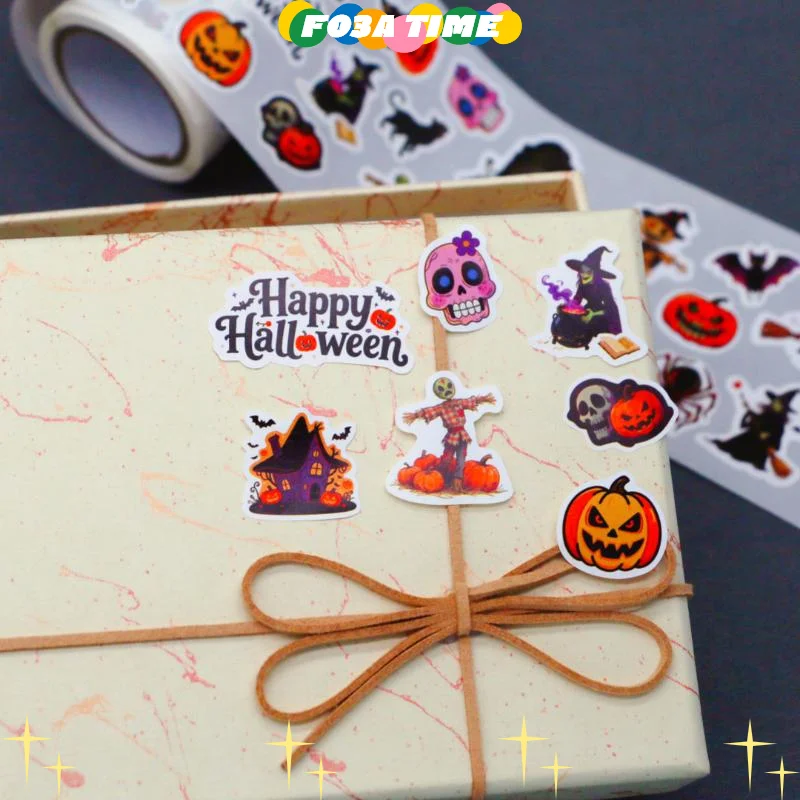 1 rollo de pegatinas de sellado redondas de Halloween, calcomanías de dibujos animados de terror para ordenador portátil, pegatina decorativa DIY, juguetes de regalo de recompensa de PVC