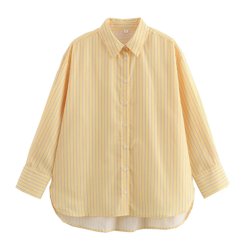 BUSCFOX Koszula damska w paski 2025 Letnie luźne koszule jednorzędowe Eleganckie koszule i bluzki z długim rękawem Top