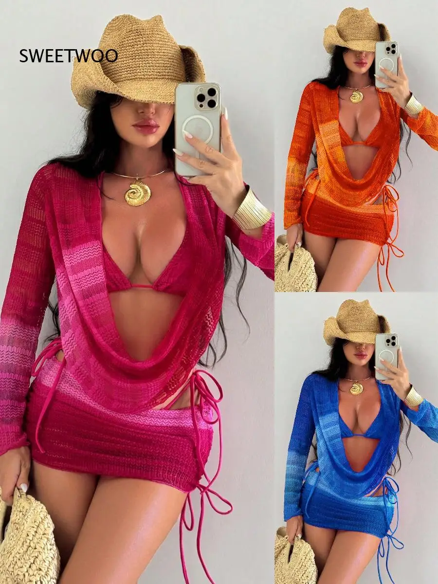 Move 4-Piece Set Tie Halter Triangle Make Top Side Tie High Cut Swim Bottoms Long Sleeve Back Cutout Cover Up. Mini Skirt