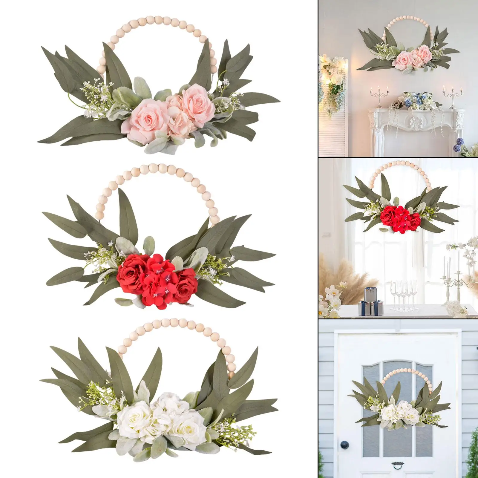 Wood Bead Floral Wreath Party Favors Home Decor Housewarming Gift Artificial Flower Wreath for Wedding Farmhouse Festival Window